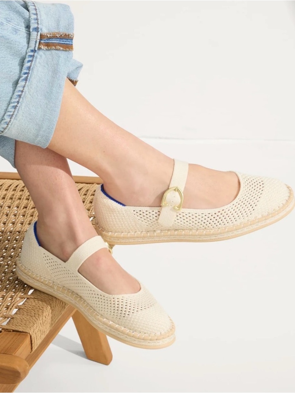 Rothy’s Cream Knit Mary Jane Flats with Gold Buckle